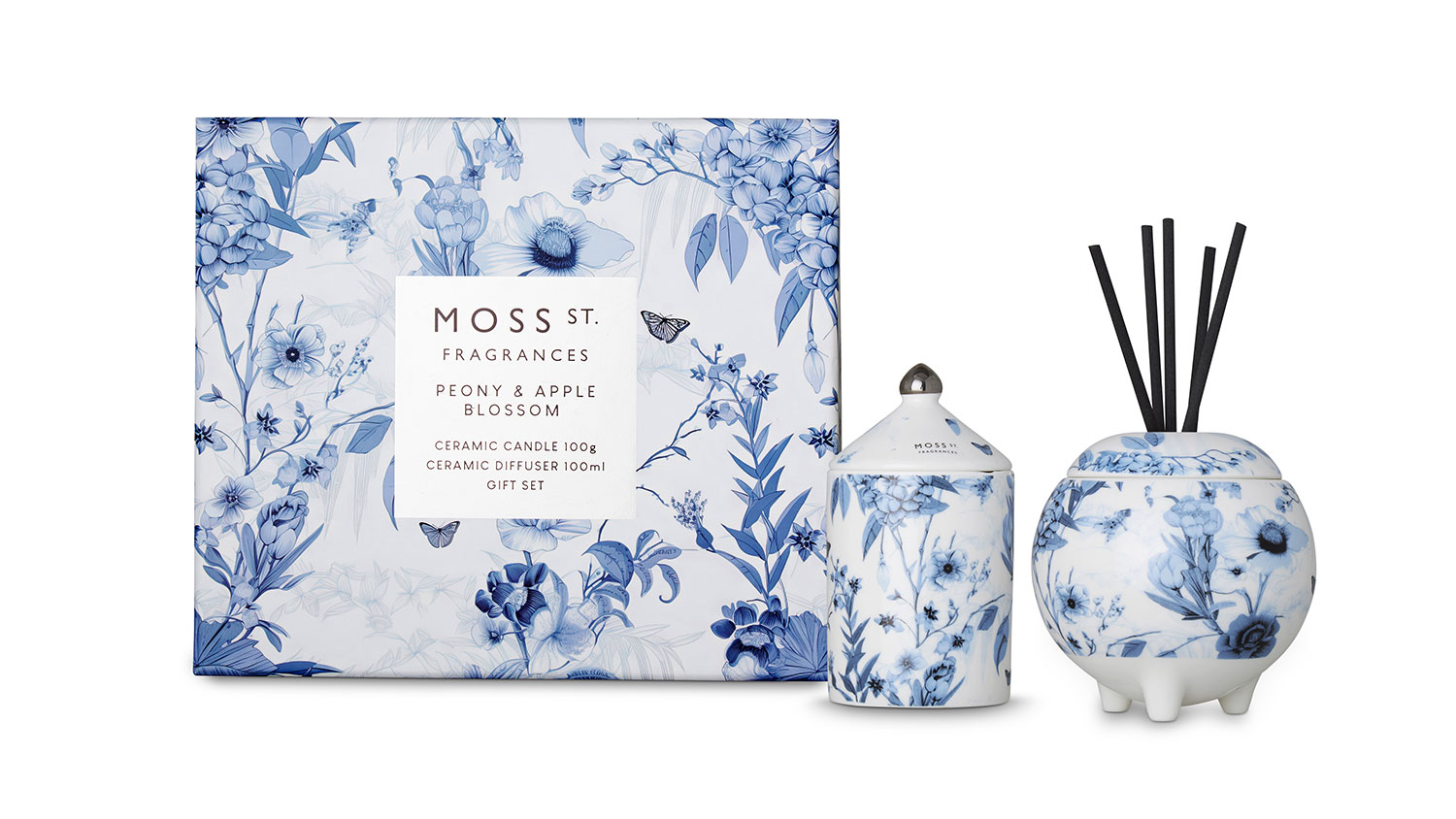 Moss St Ceramic Mini Candle and Diffuser Set - Peony & Apple Blossom