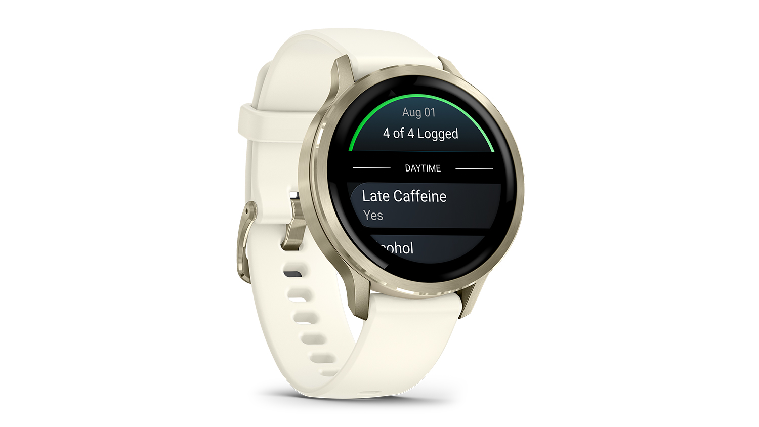 A front right-side view of the Garmin Venu 4 Smartwatch showing 4 of 4 logs on Aug 01