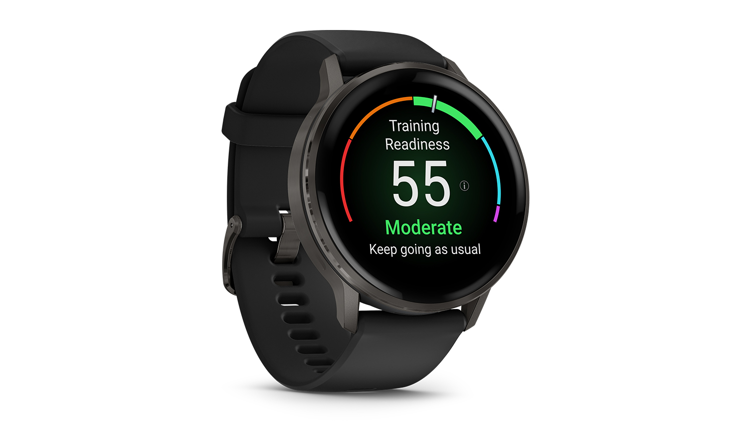 A front right-side view of the Garmin Venu 4 Smartwatch showing time, date, and fitness icons