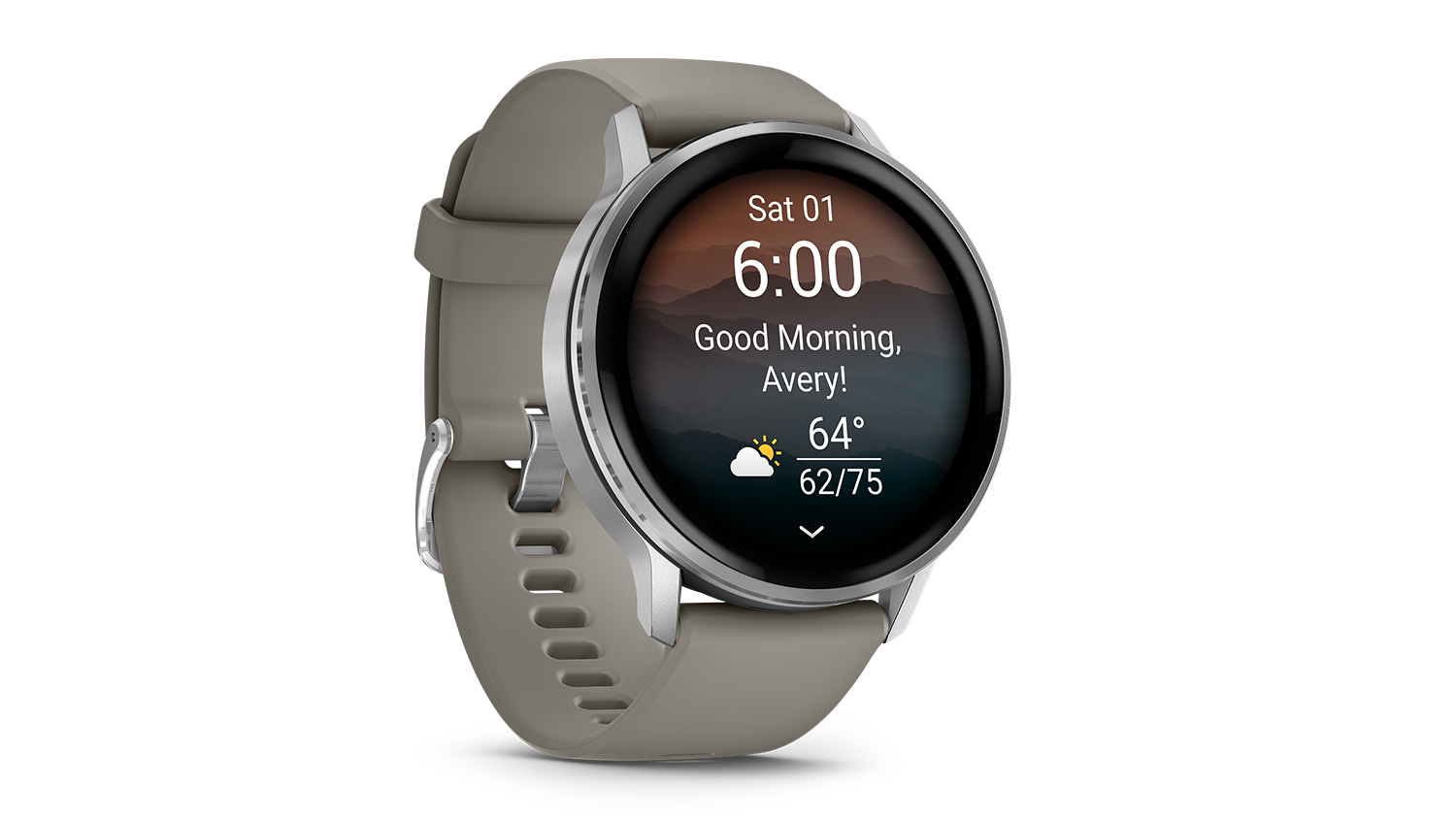 A front right-side view of the Garmin Venu 4 Smartwatch showing time and date