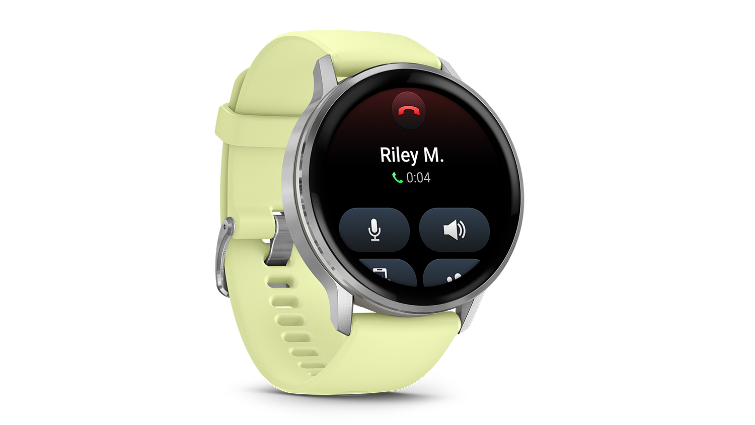 A front right-side view of the Garmin Venu 4 Smartwatch showing an active call