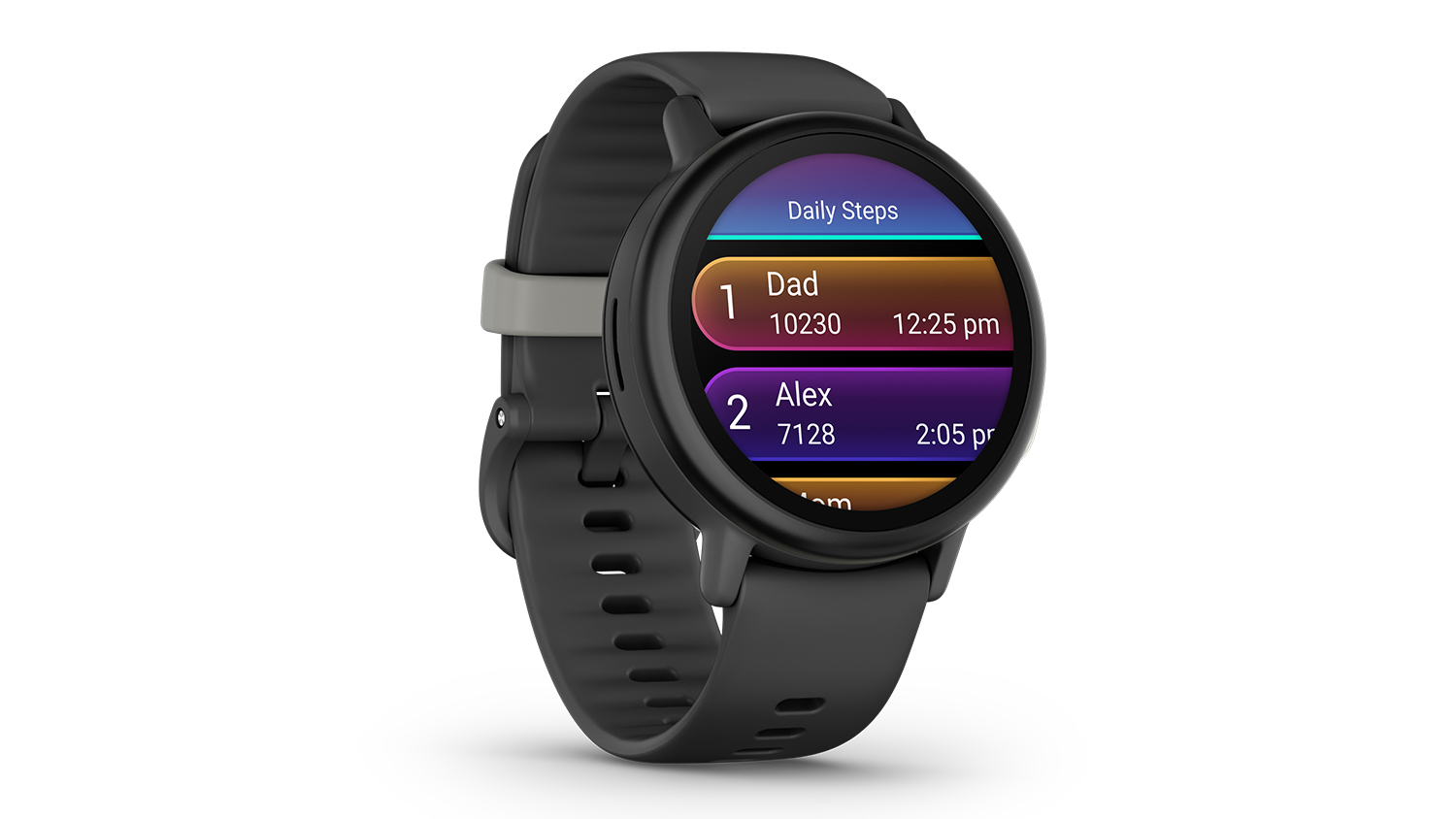 A front right-side view of the Garmin Bounce 2 Smartwatch showing daily steps