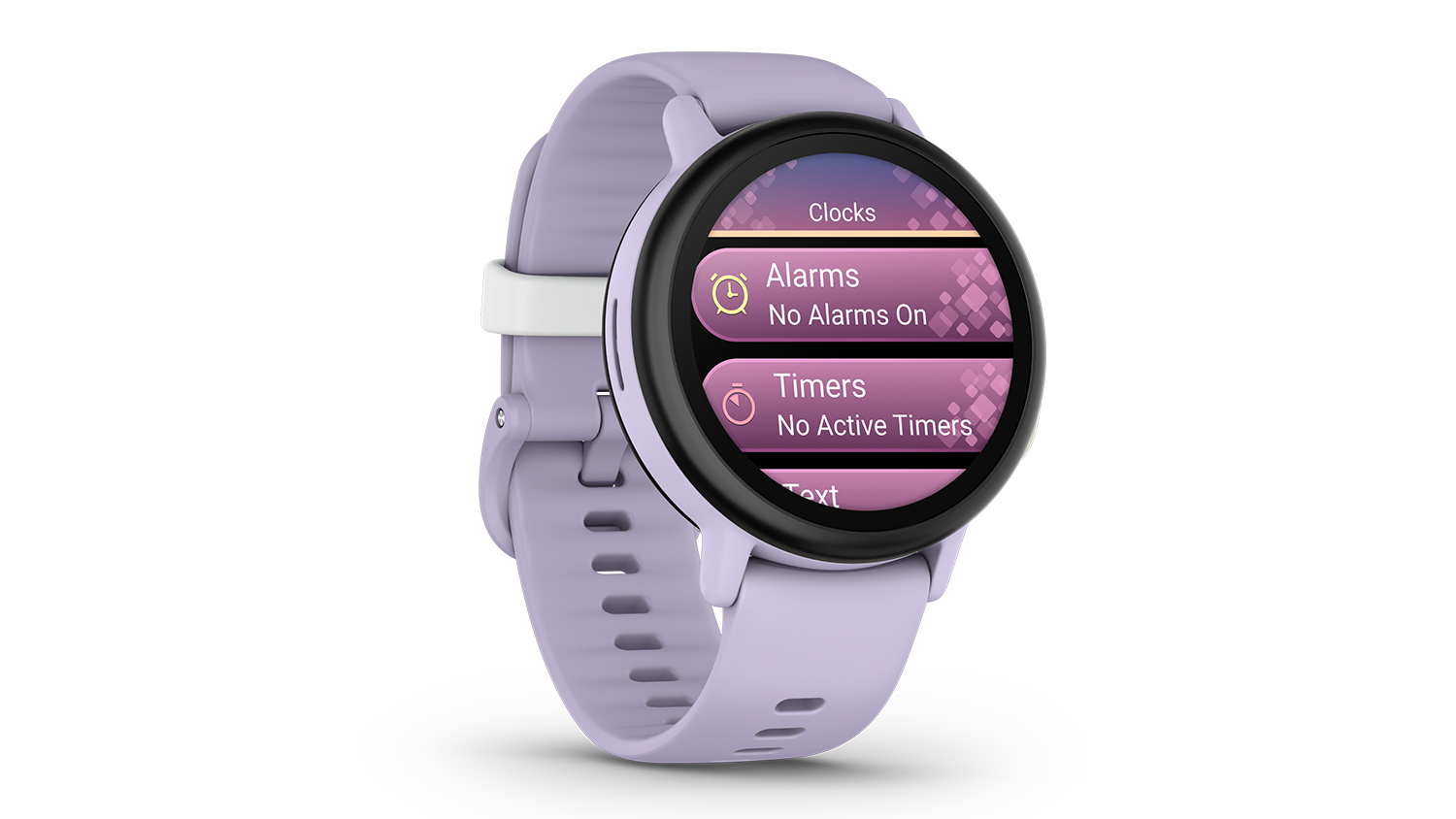 A front right-side view of the Garmin Bounce 2 Smartwatch showing the alarm and timer