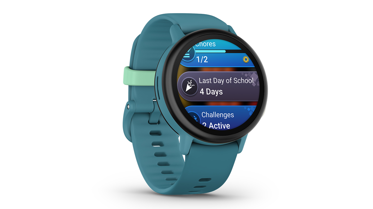 A front right-side view of the Garmin Bounce 2 Smartwatch showing chores, challenges, and the last day of school