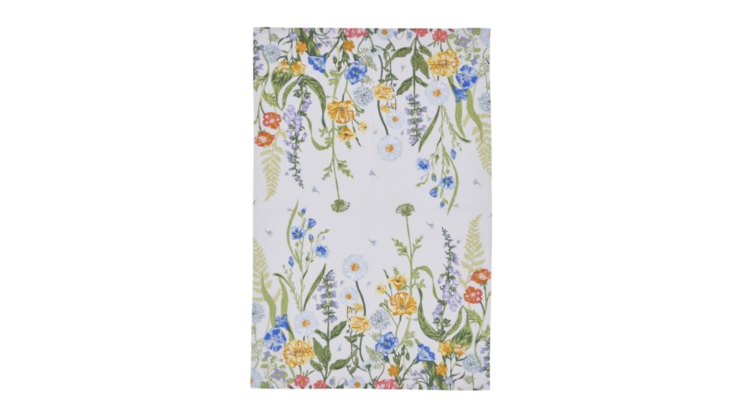 Cotton tea towel with colourful flowers, including yellow, blue, and red on a white background