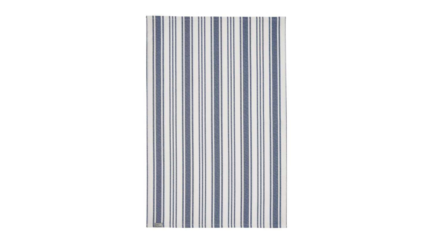 Cotton tea towel with vertical navy blue and white stripes