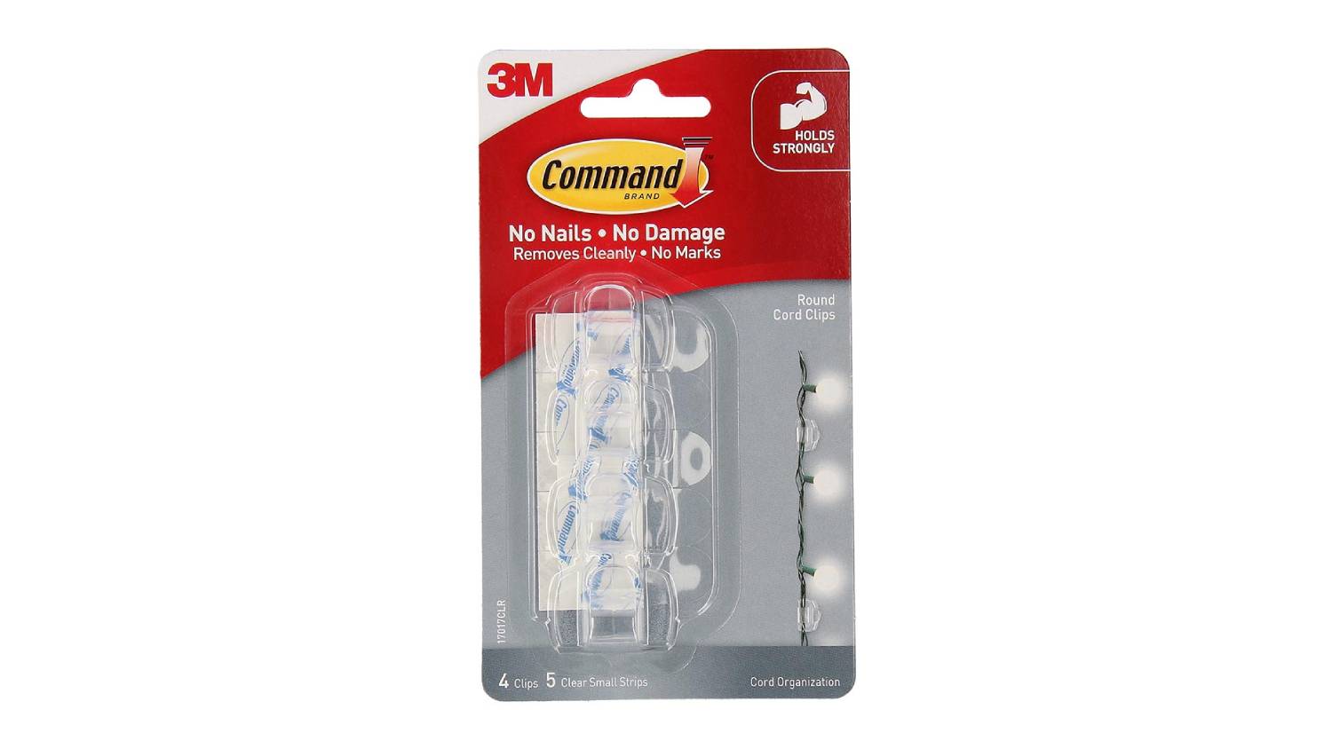 Packaging of 3M Command Cord Clips showing four clips and adhesive strips