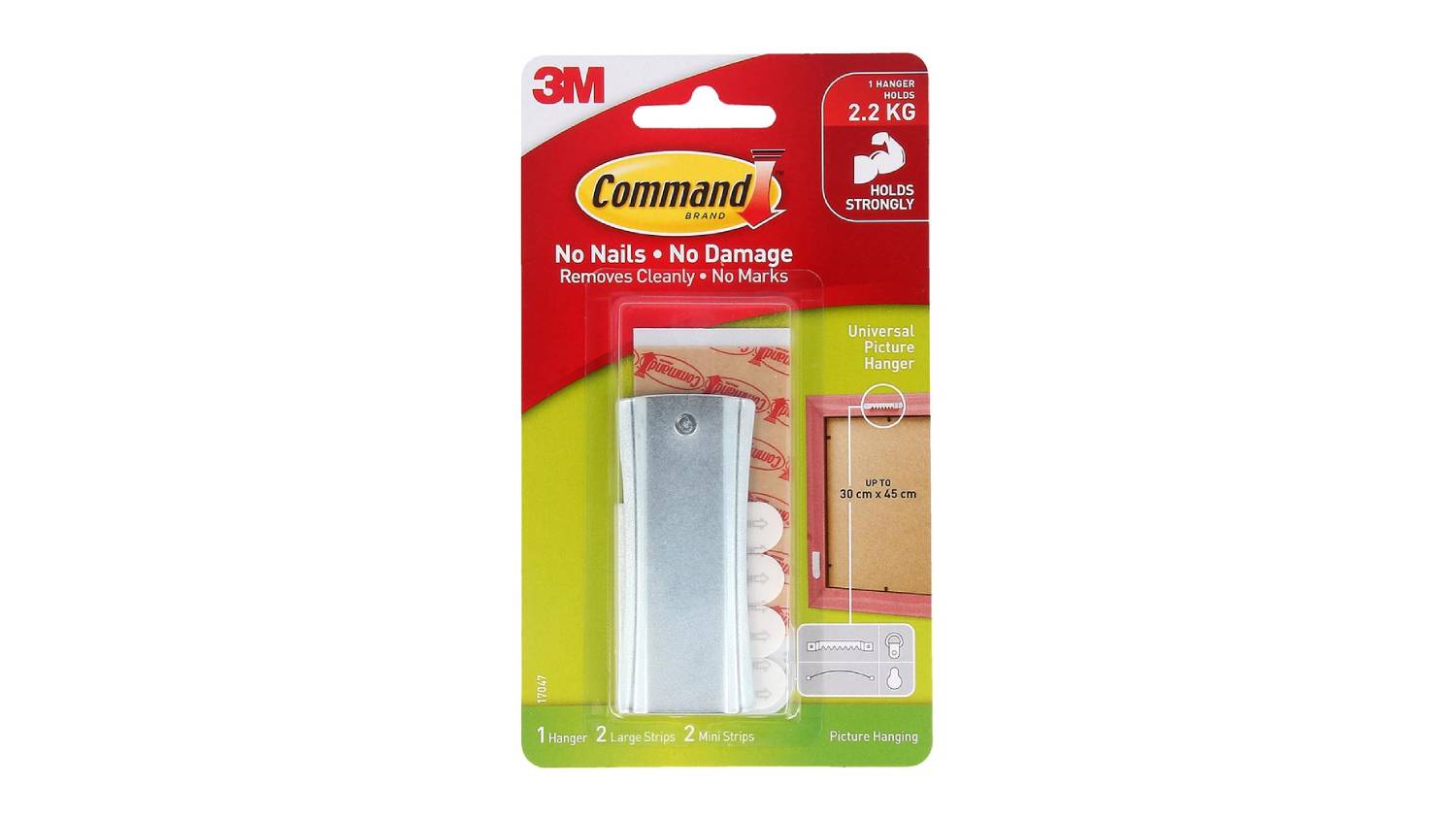 Packaging of the 3M Command Large Universal Sawtooth Picture Hanger showing one grey hanger and adhesive strip