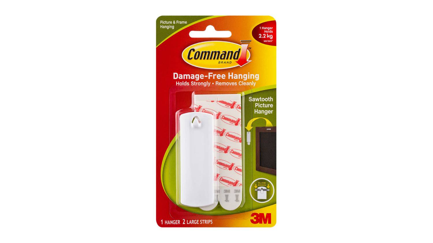 Packaging of the 3M Command Large Sawtooth Picture Hanger showing one white hanger and two adhesive strips