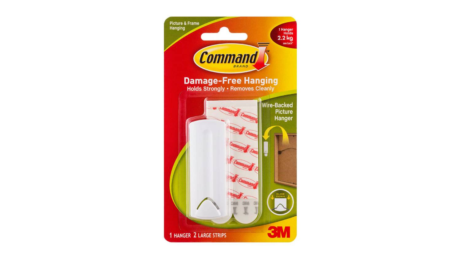 Packaging of the 3M Command Large Wire-Back Picture Hanger showing one white hanger and two adhesive strips