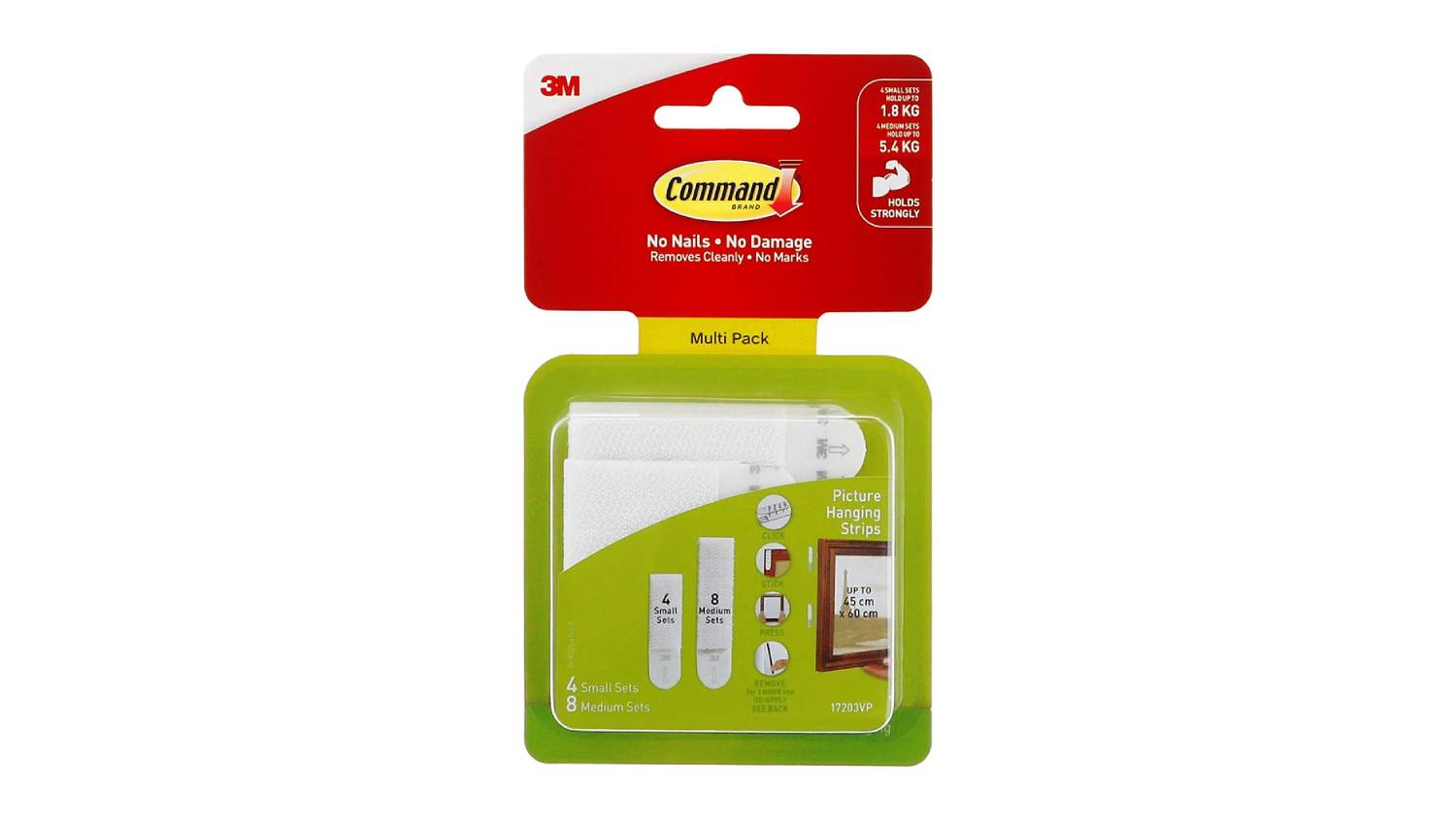 Packaging of 3M Command Assorted Picture Hanging Strips showing product details and usage examples