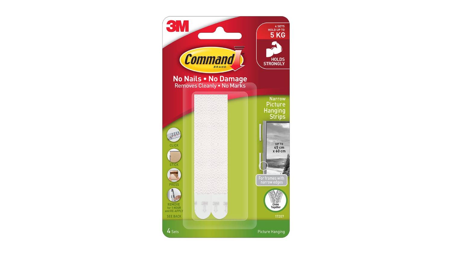 Packaging of 3M Command Narrow Picture Hanging Strips showing four white sets