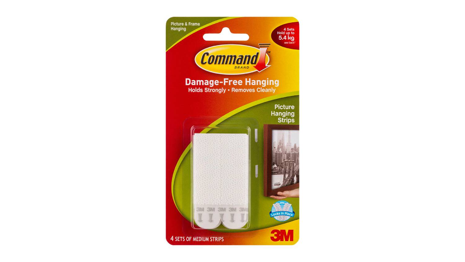 Packaging of 3M Command Medium Picture Hanging Strips showing four white sets