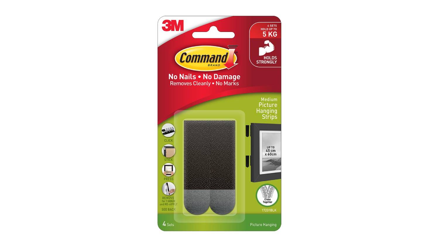 Packaging of 3M Command Medium Picture Hanging Strips showing four black sets