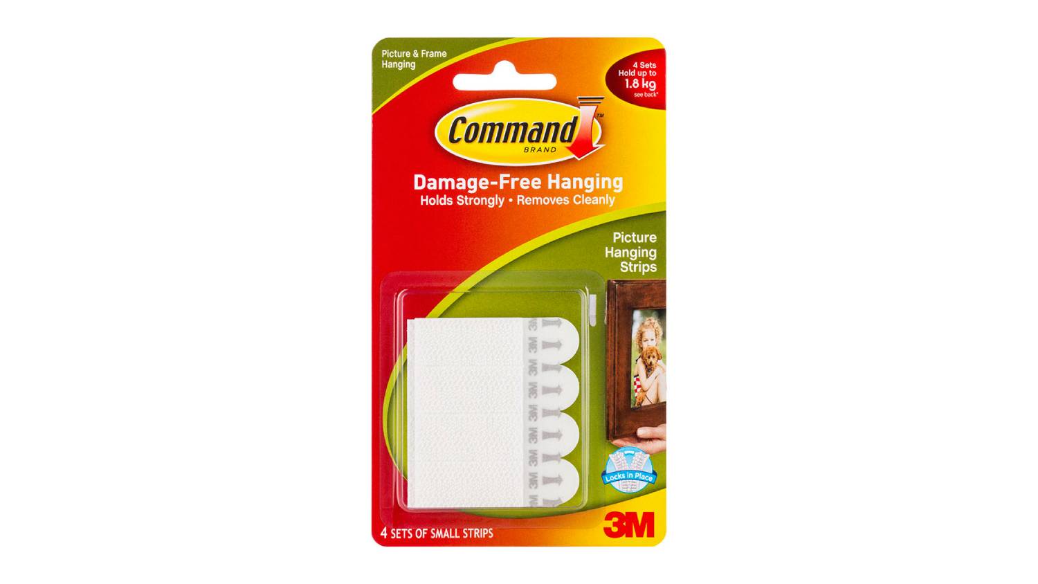 Packaging of 3M Command Small Picture Hanging Strips showing four white sets