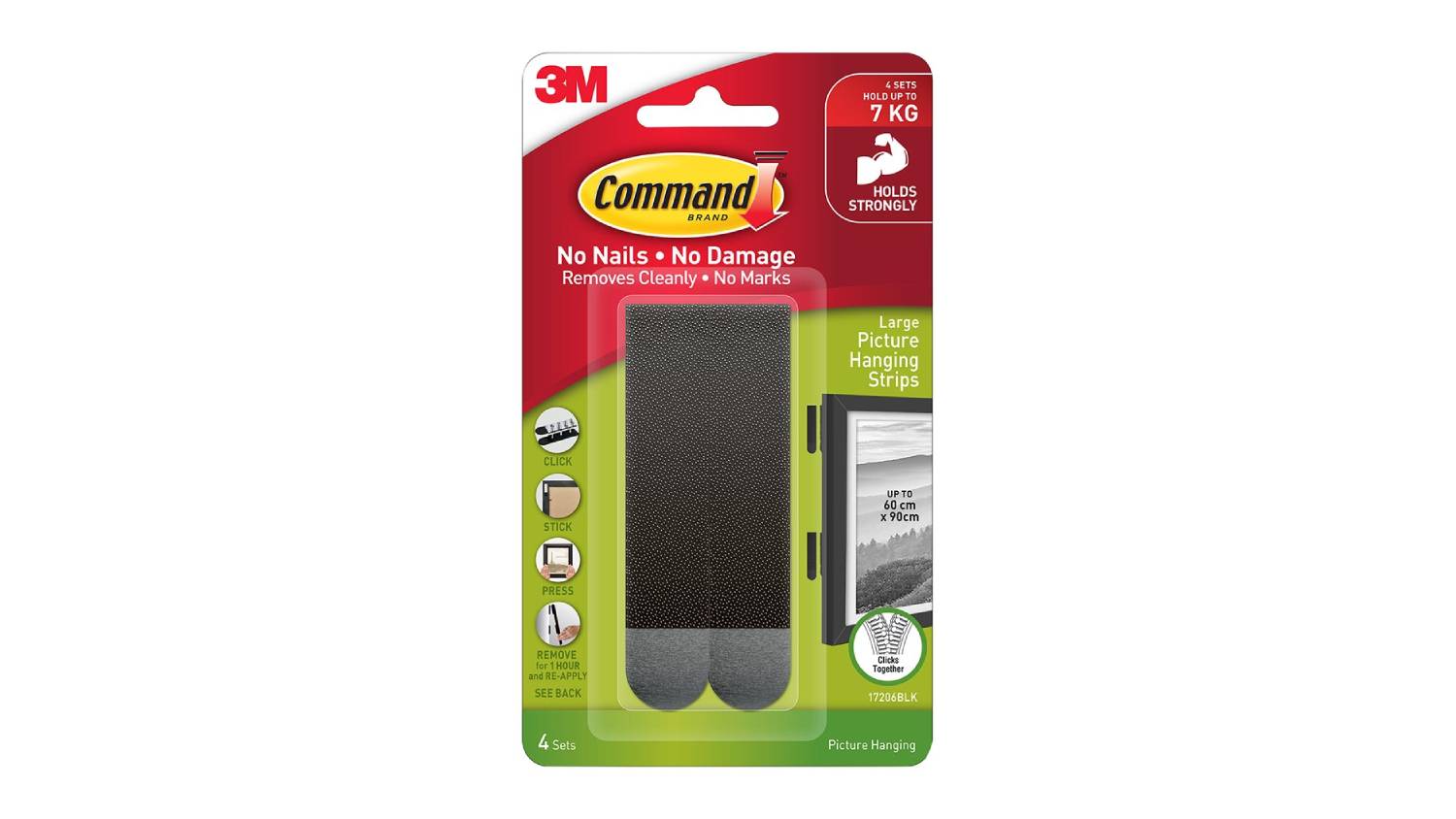 Packaging of 3M Command Large Picture Hanging Strips showing four black sets