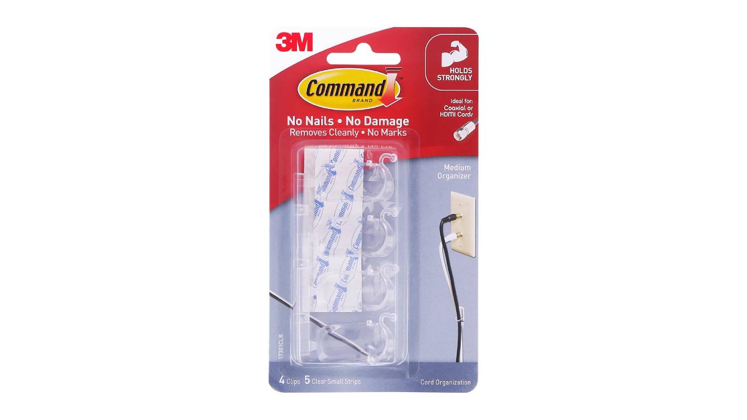 Packaging of 3M Command Medium Cord Organisers containing four clear clips and adhesive strips