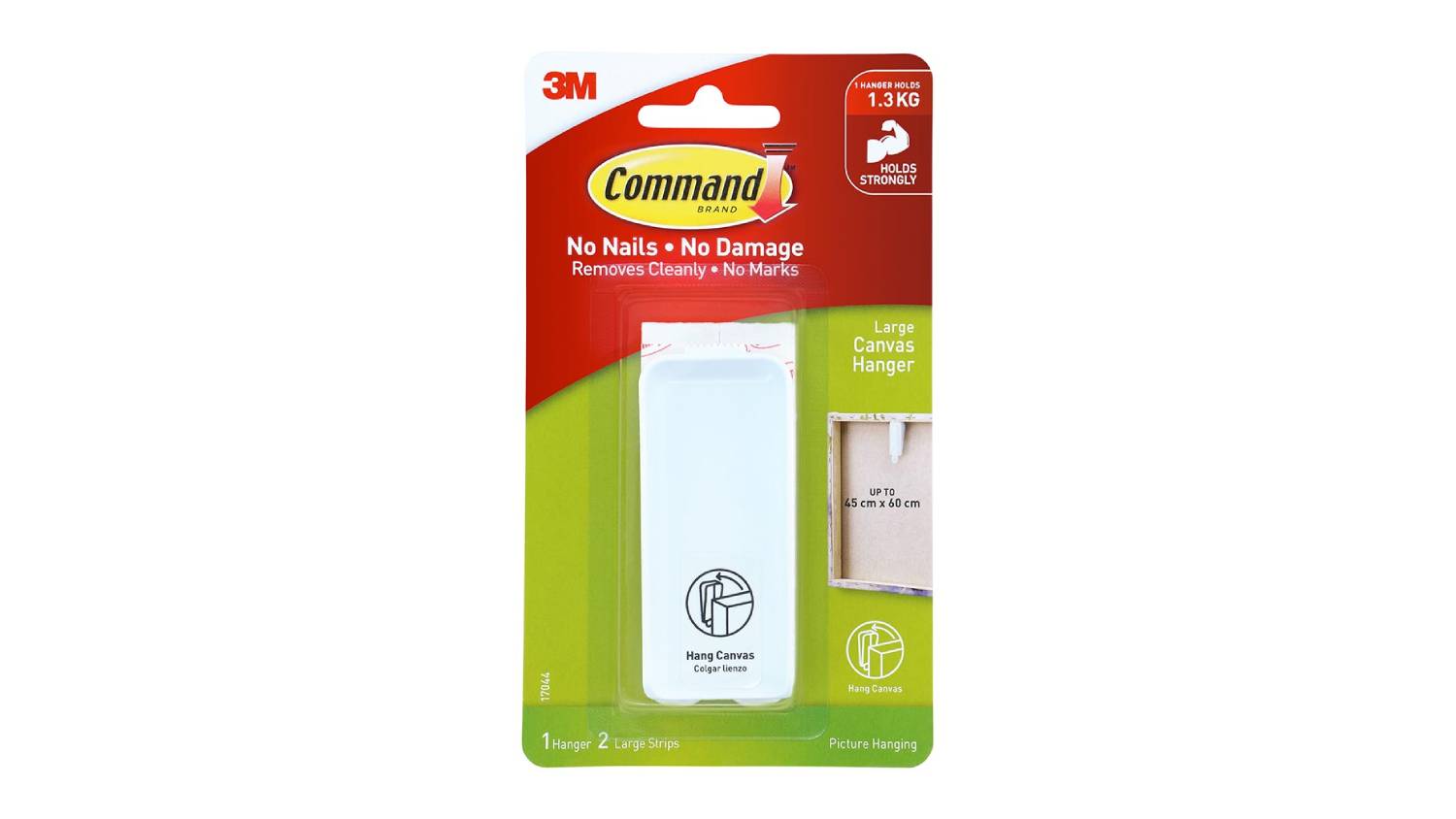 Packaging of 3M Command Large Canvas Hanger showing one white hook