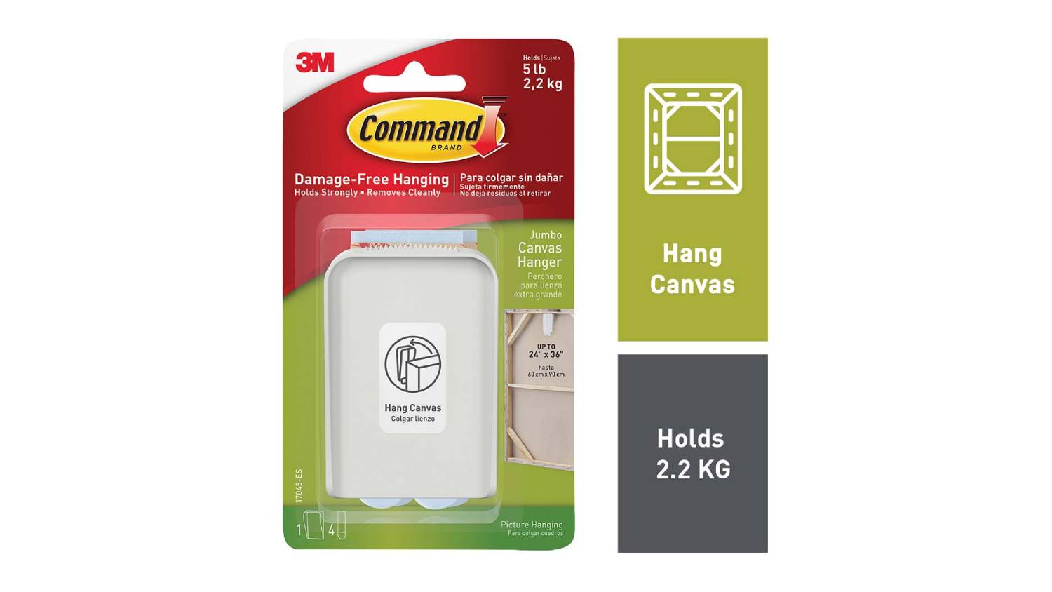 Packaging of 3M Command Jumbo Canvas Hanger showing one white hook