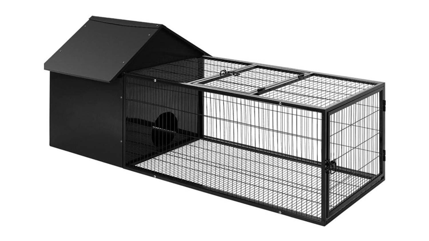 A black metal pet hutch with an enclosed sleep area and an open run