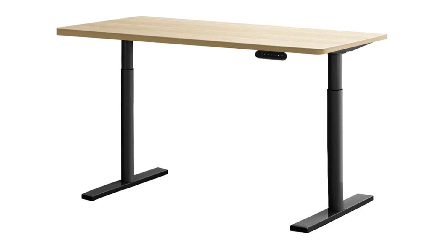 Adjustable height desk with wooden top and black metal legs.