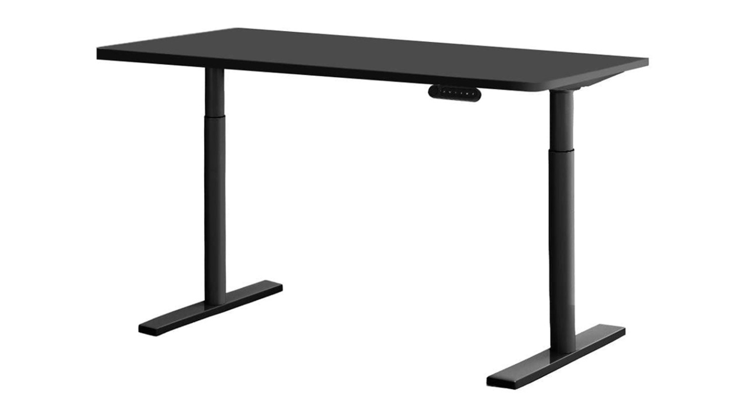 Adjustable height desk with black wooden top and black metal legs