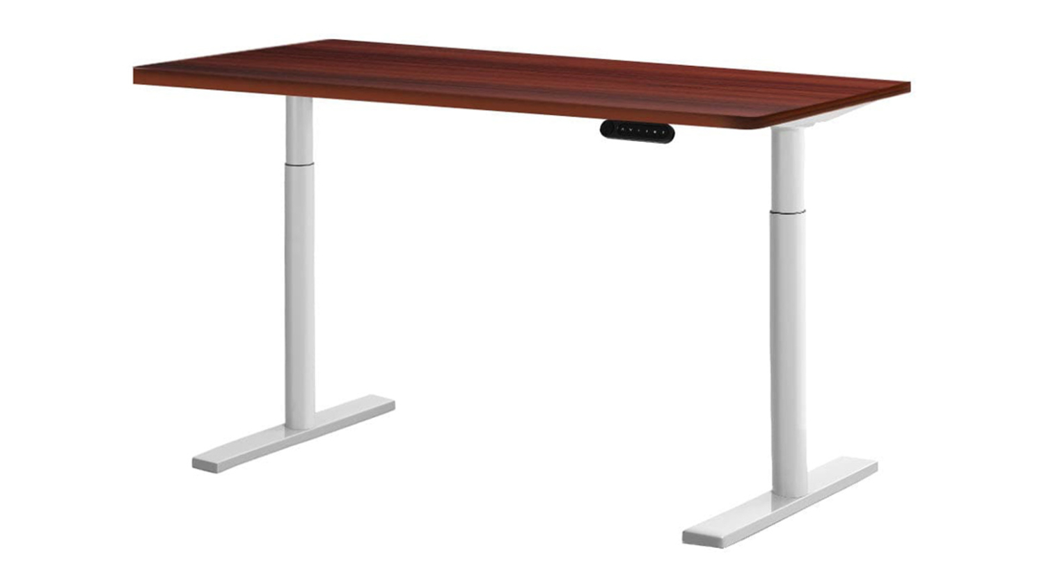 Adjustable height desk with wooden top and white metal legs