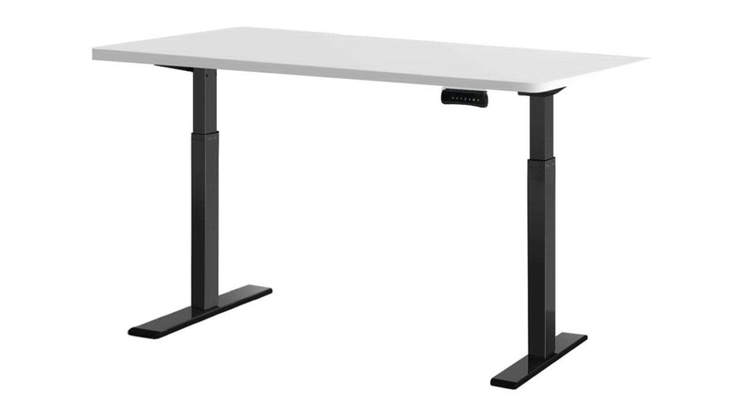 Adjustable height desk with white wooden top and black metal legs.