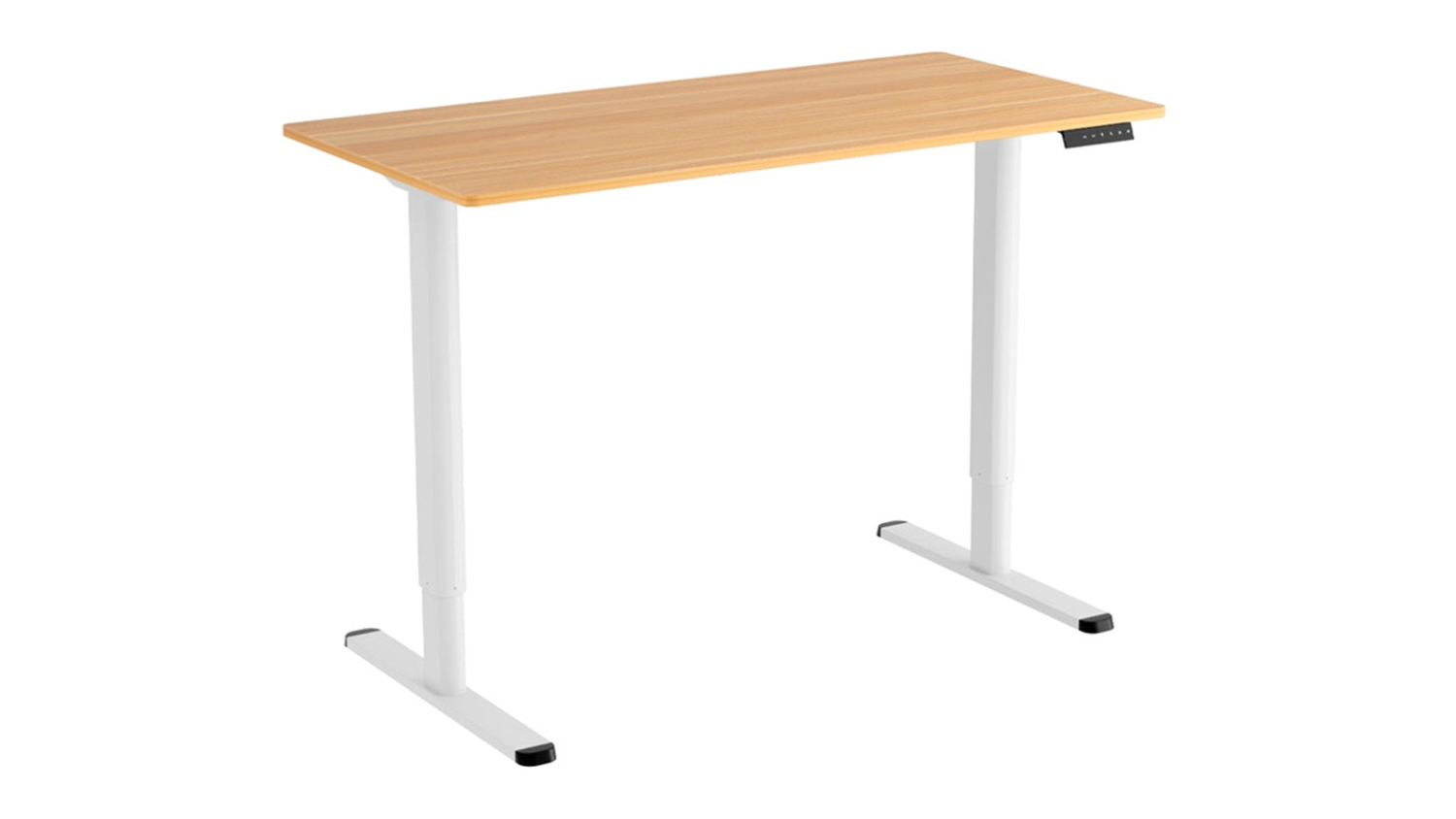 A right-angle angle of a height-adjustable desk with a light wood top