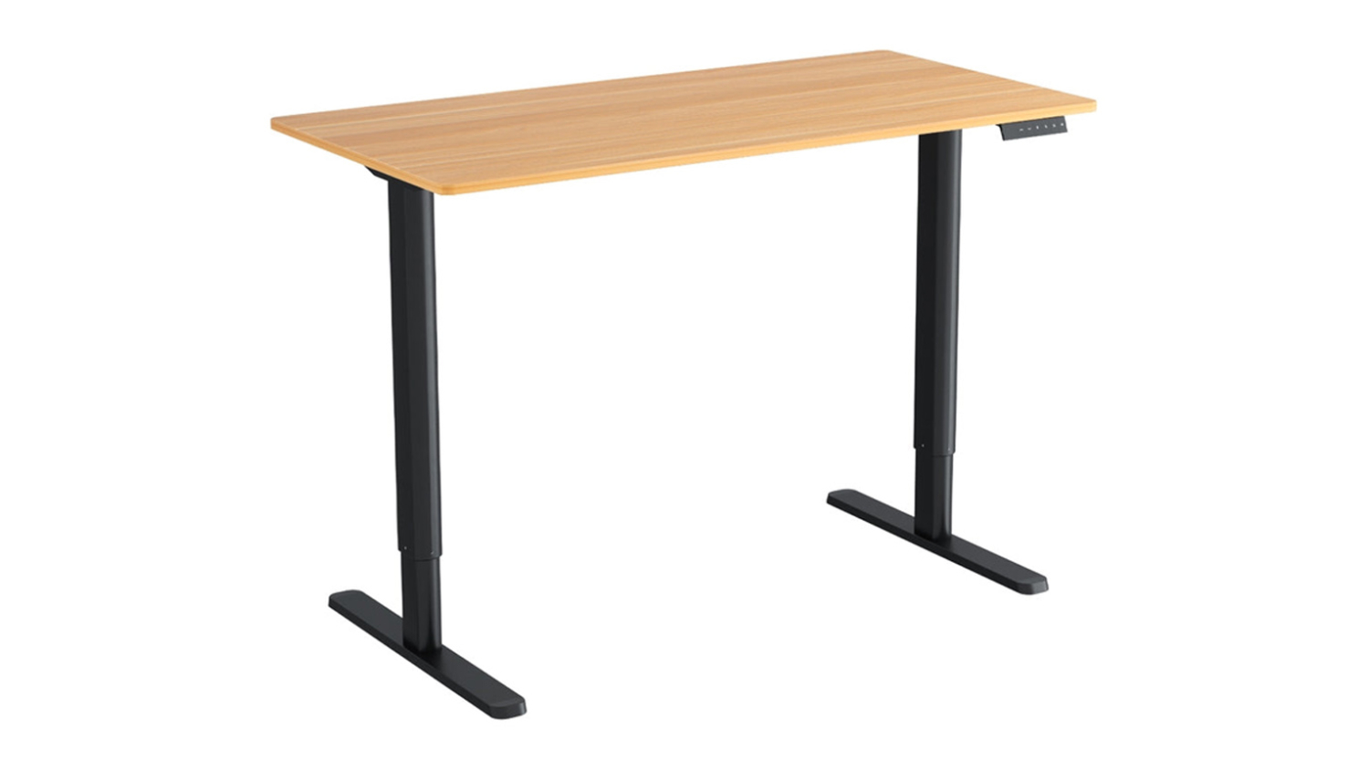 A right-angle angle of a height-adjustable desk with a light wood top