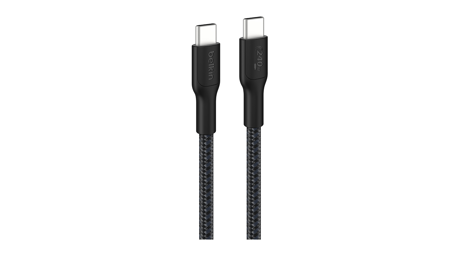 A black USB-C cable with Belkin markings