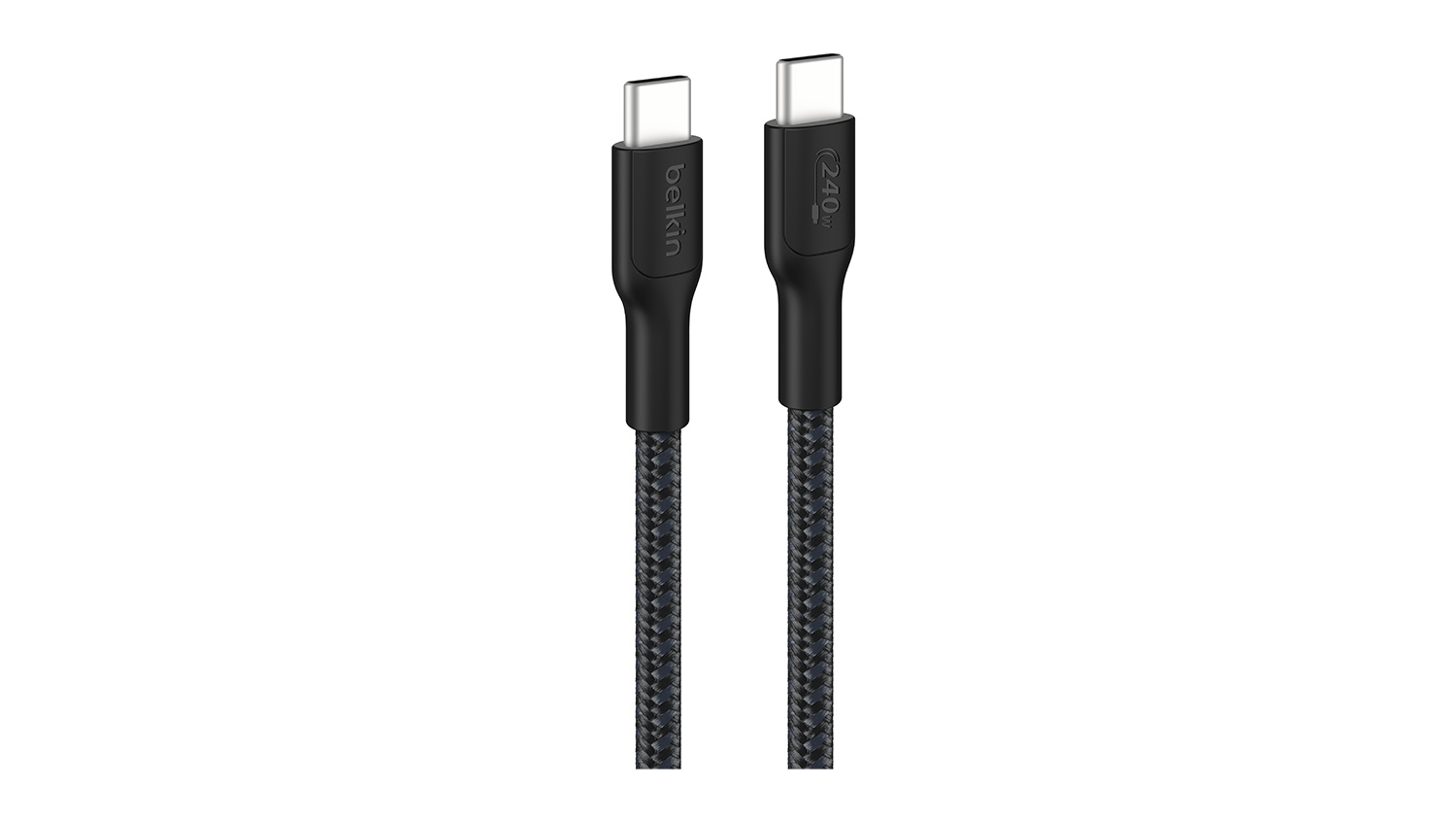 A black USB-C cable with Belkin markings