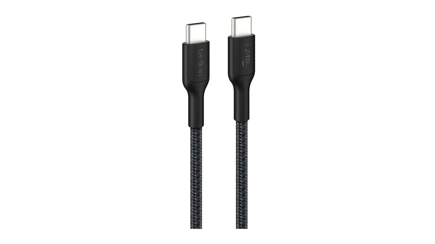 A black USB-C cable with Belkin markings