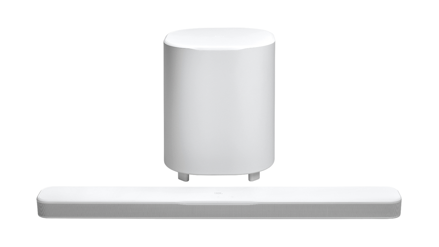 A front view of the white JBL Bar with wireless subwoofer