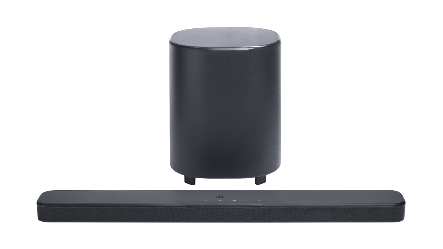 A front view of the black JBL Bar with wireless subwoofer