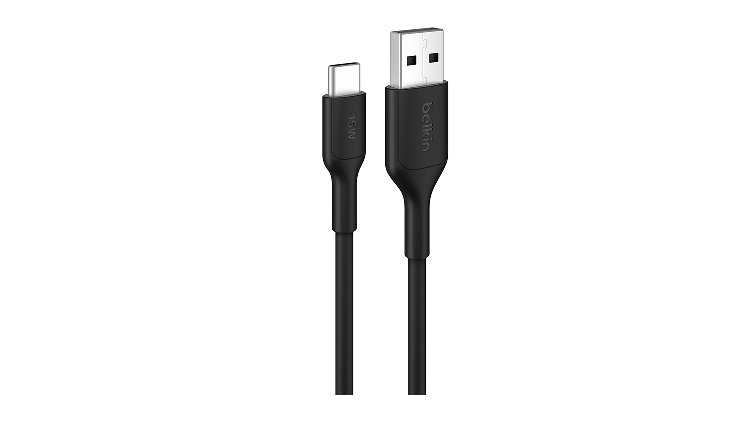 A black USB-A to USB-C cable labelled 15W and Belkin