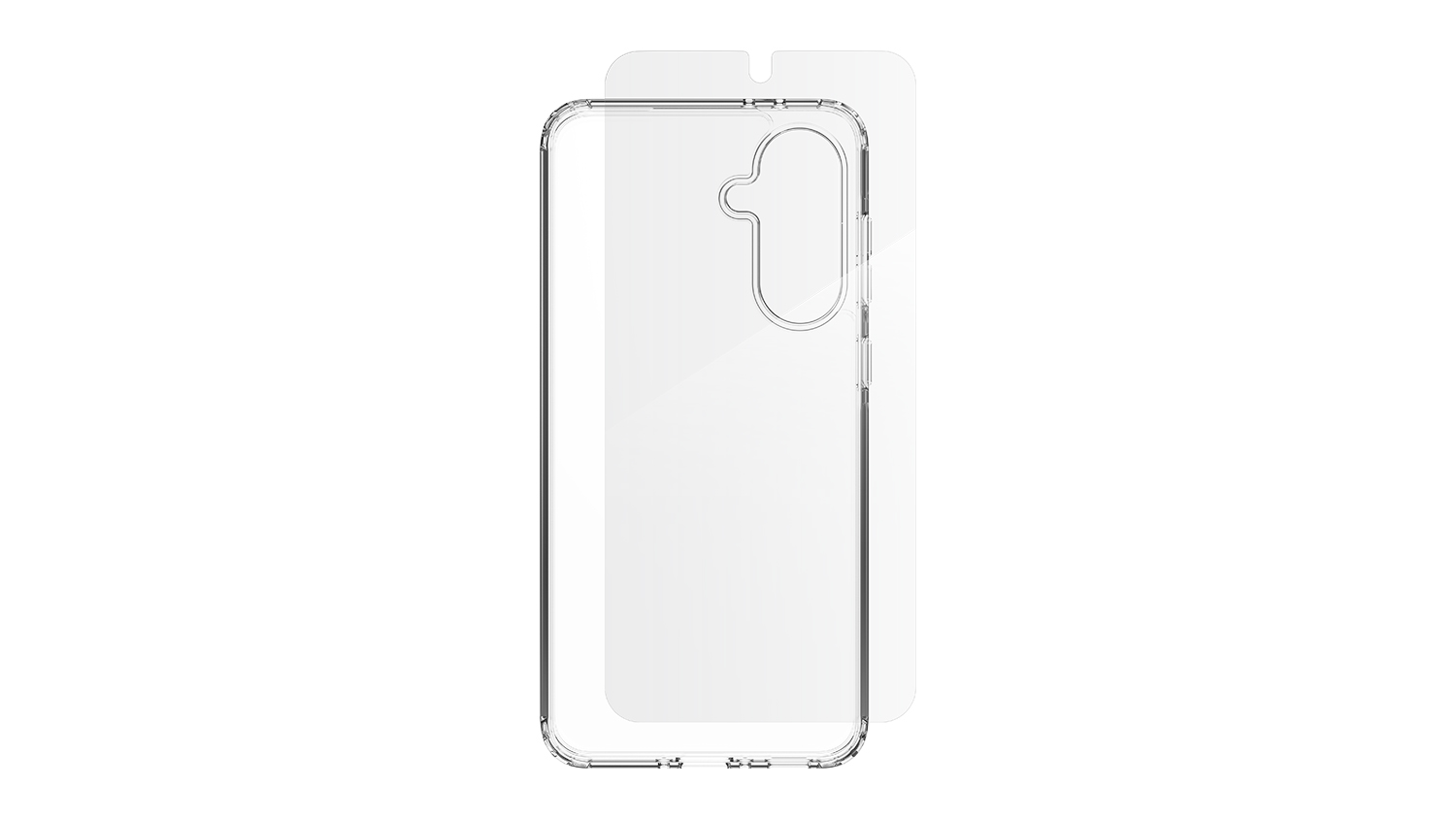 A front view of the phone case and screen protector, shown side by side