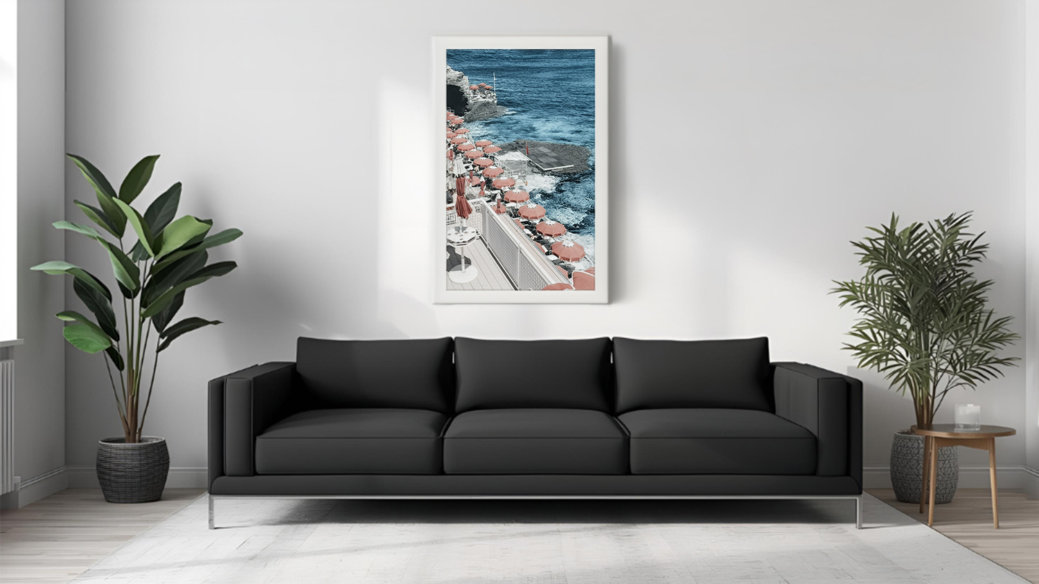 Framed photo hangs above sofa in a modern living room with plants and light wood flooring.