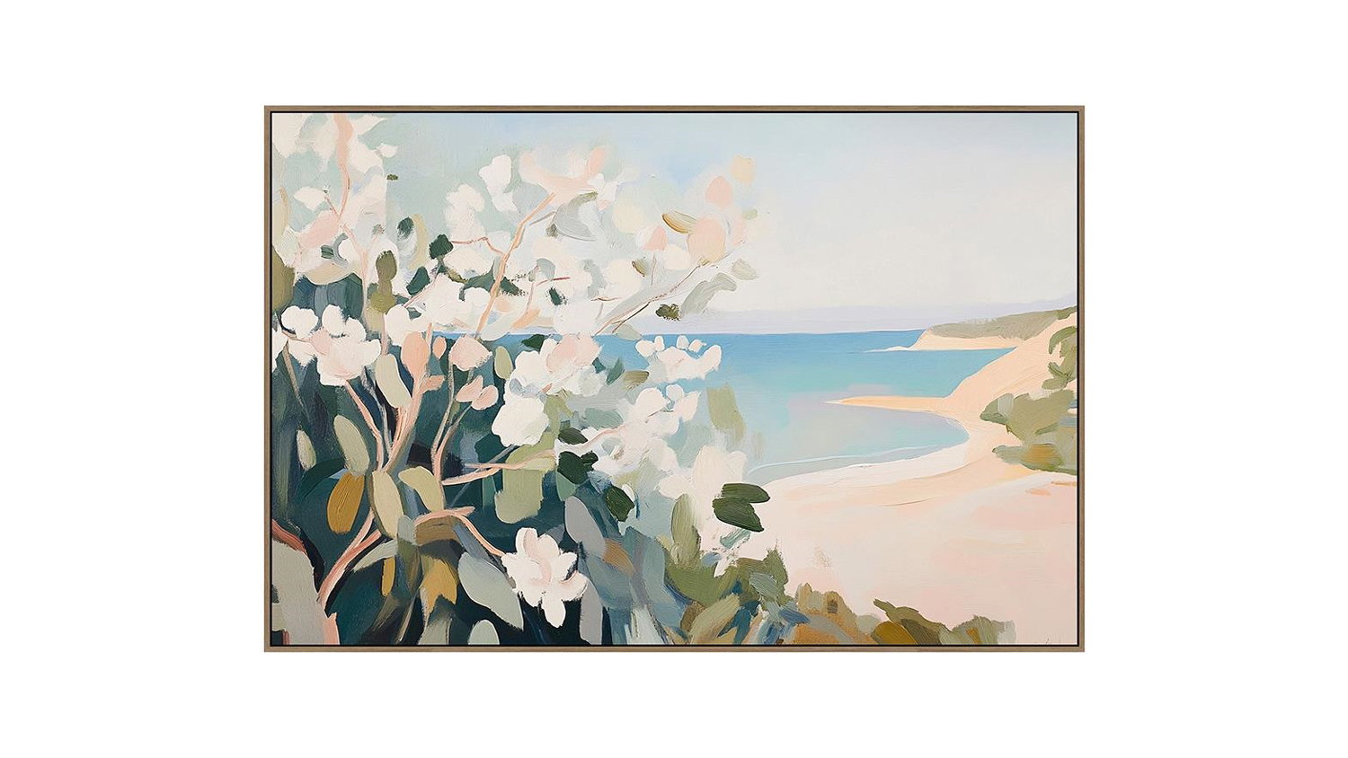 Framed coastal painting with sandy beach, calm blue ocean, abstract white flowers, green foliage, and pastel sky creating a tranquil scene.