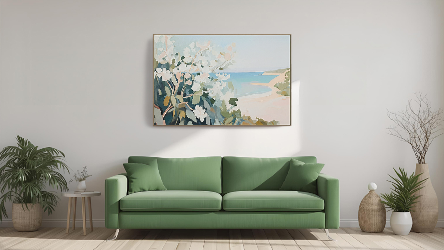 Framed photo hangs above sofa in a modern living room with wooden flooring.