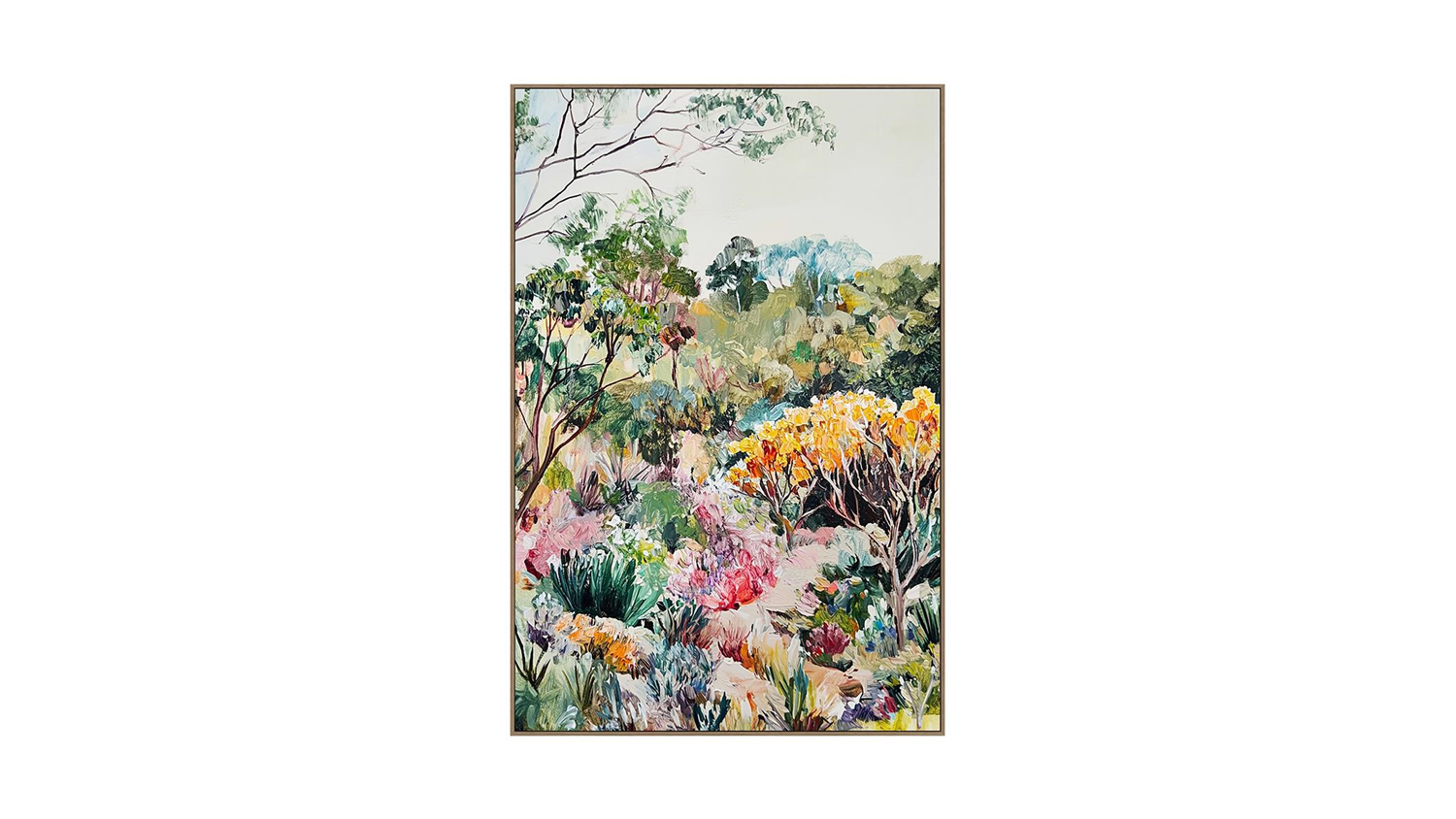 Framed painting of a vibrant garden with colorful flowers, green foliage, and tall trees under a light blue sky with soft white clouds.