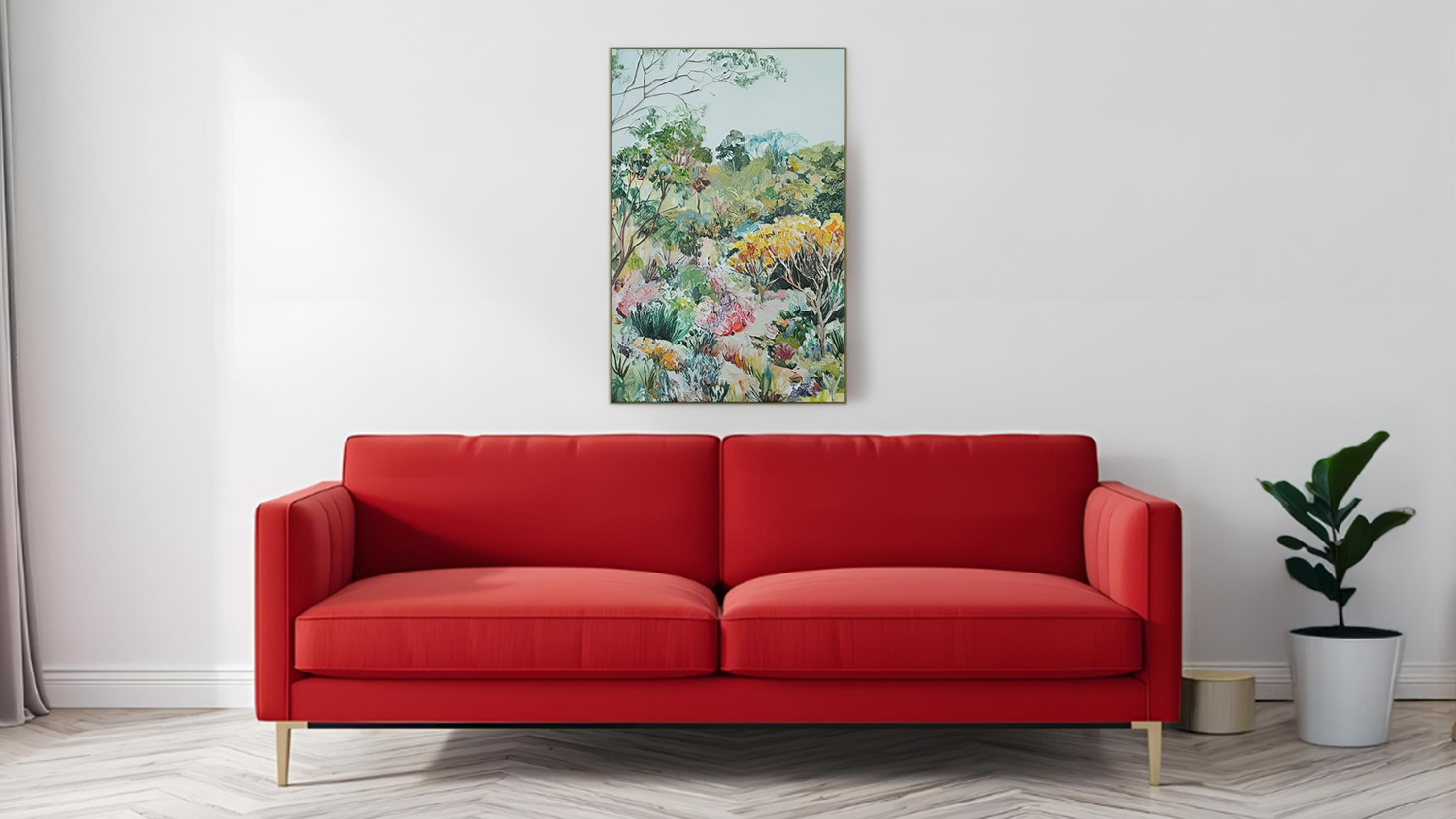 Framed photo hangs above sofa in a modern living room with wooden flooring.