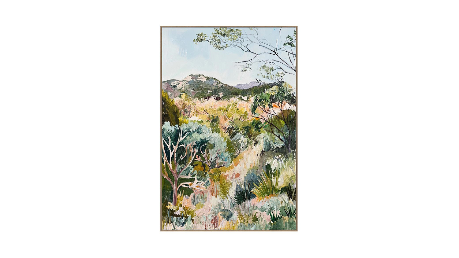 Landscape painting with rolling hills, colorful abstract trees and shrubs, and a soft blue sky with clouds, framed in a simple border.