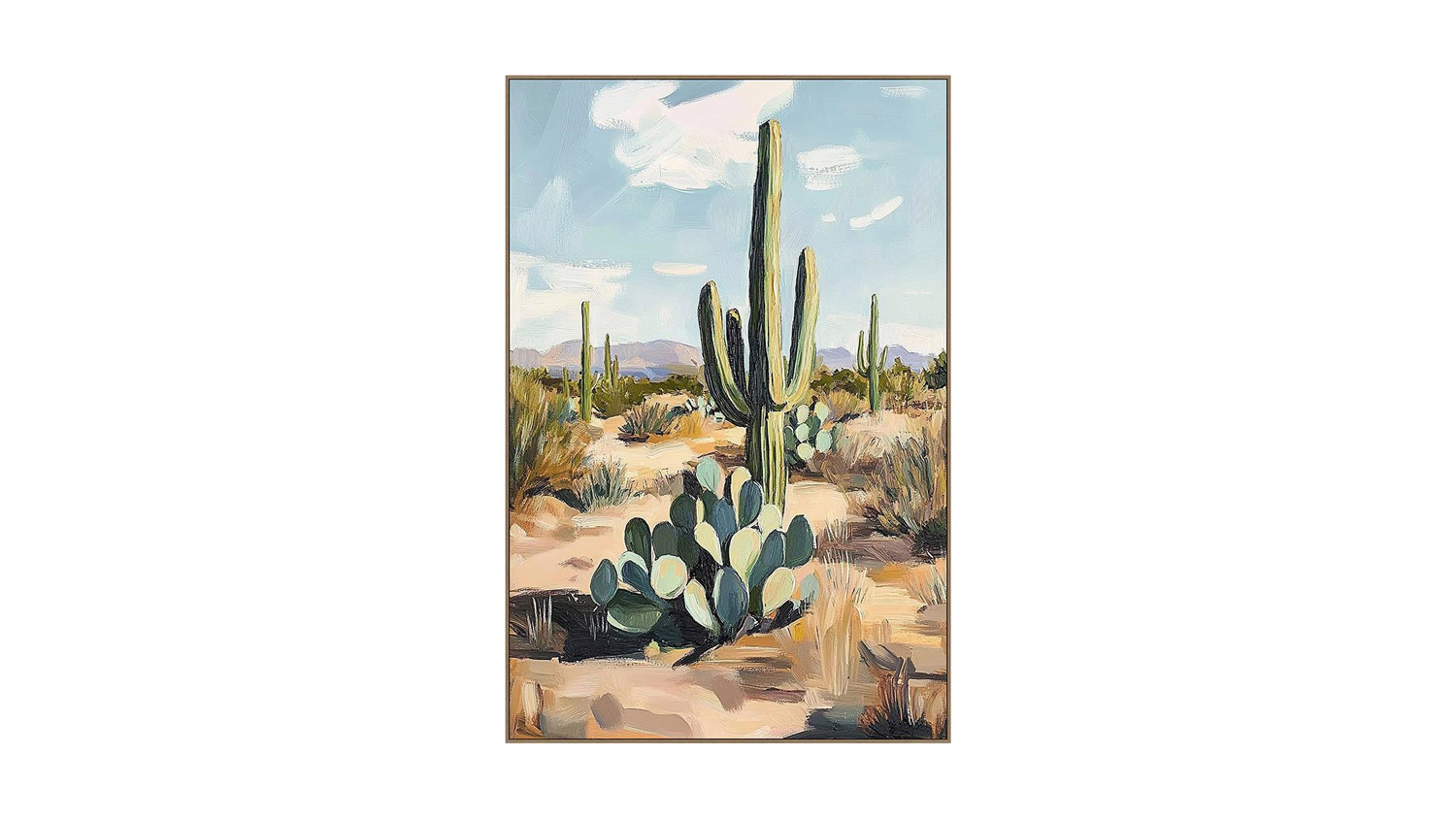 Framed desert landscape painting with cactus, sandy terrain, dry shrubs, and distant mountains under a partly cloudy sky.