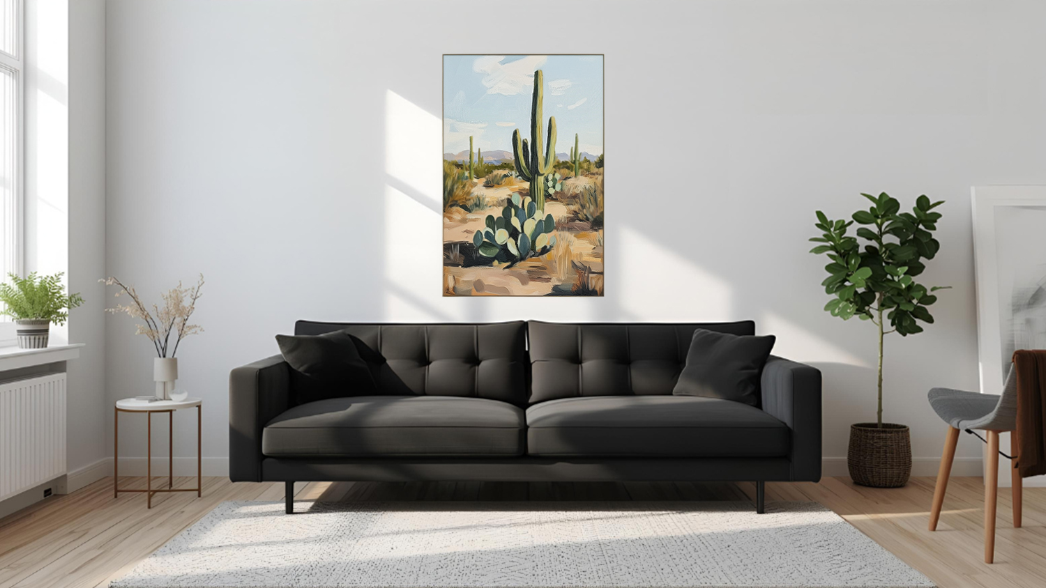 Framed photo hangs above sofa in a modern living room with wooden flooring.
