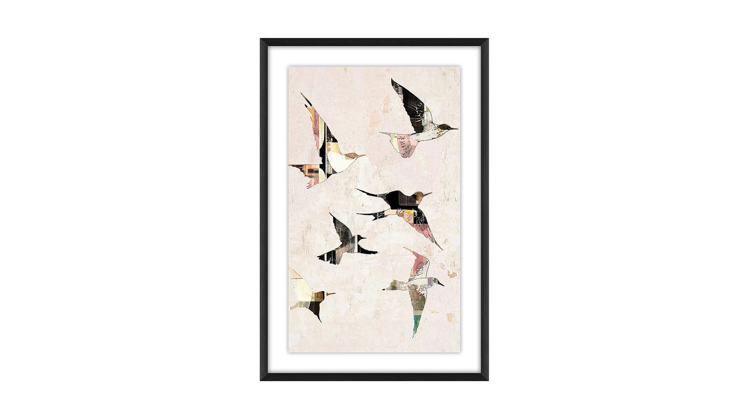 Framed collage artwork of six birds in flight, each with unique patterns and colors, set against a light beige background with a black frame.