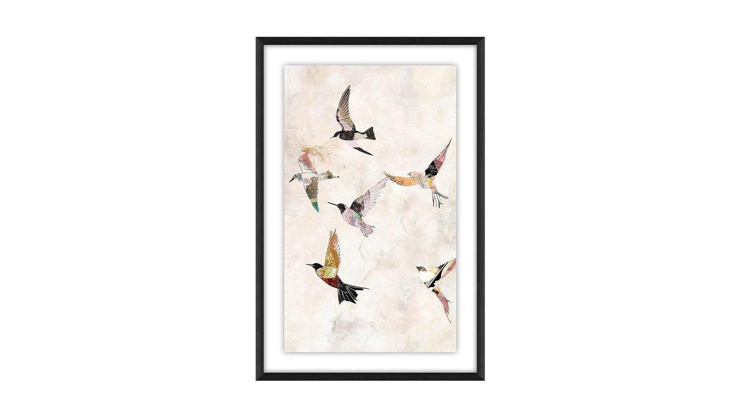 Framed artwork of birds in flight with colorful, patterned wings on a light textured background, bordered by a sleek black rectangular frame.