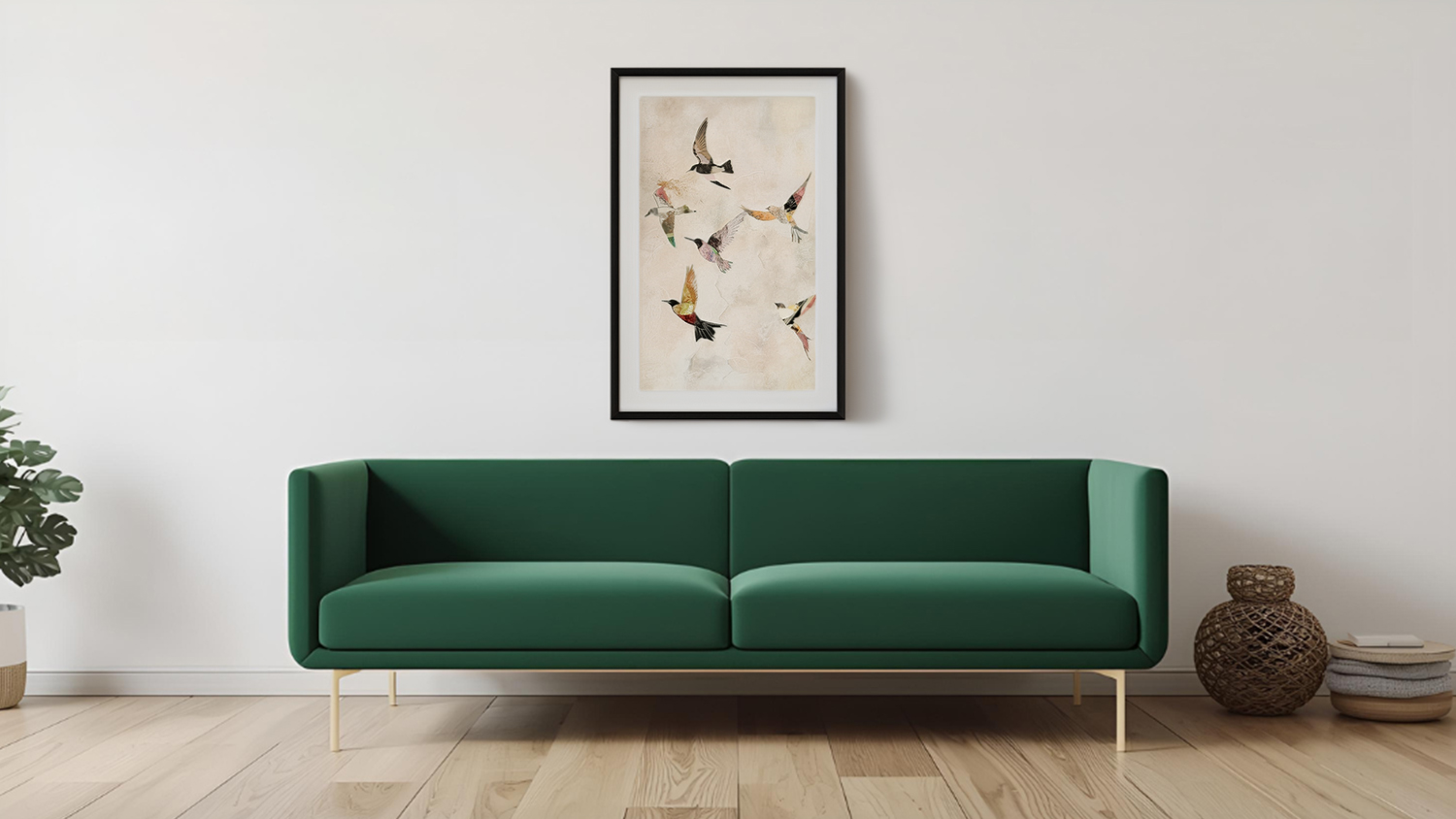 Framed photo hangs above sofa in a modern living room with wooden flooring.