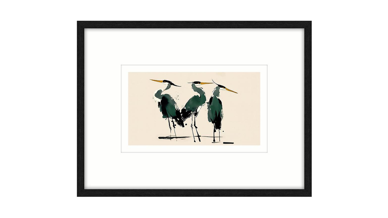 Framed minimalist painting of three herons with dark green brushstrokes, yellow beaks, and slender legs on a beige background.