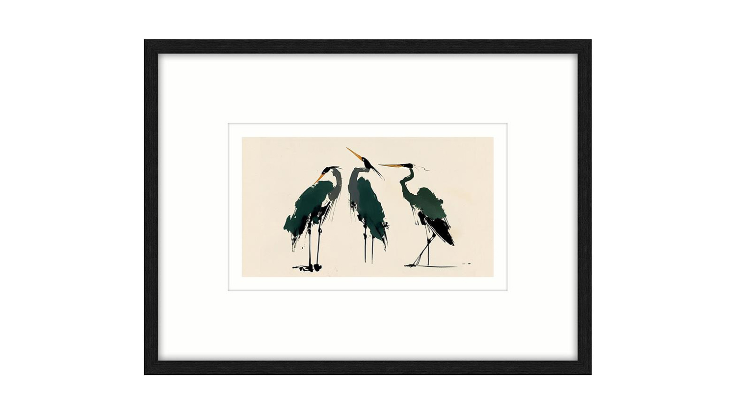 Framed minimalist artwork of three stylized birds with long legs and beaks, painted in dark green and black on a beige background.